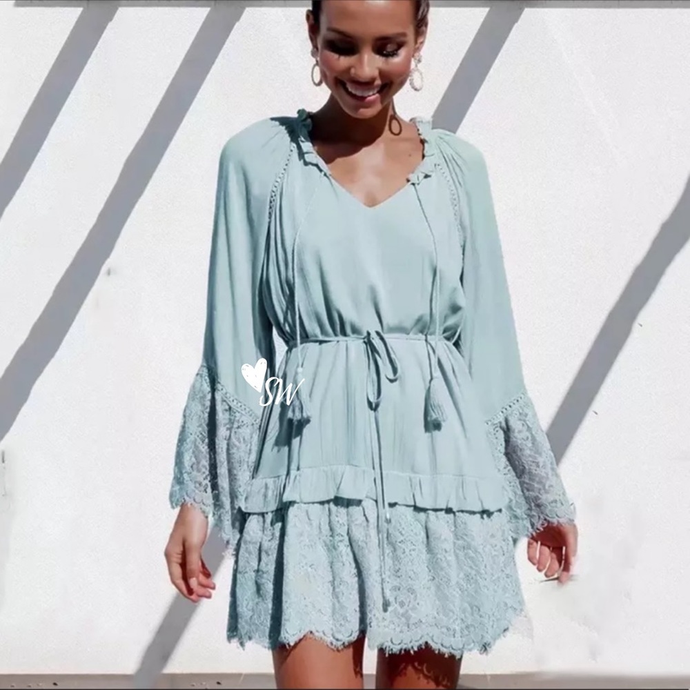 Lace Bell Sleeve Boho Gypsy Dress Mint Green-Blue - Picture 12 of 12